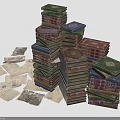 Pile Of Vintage Books With Scattered Old Papers On White Background