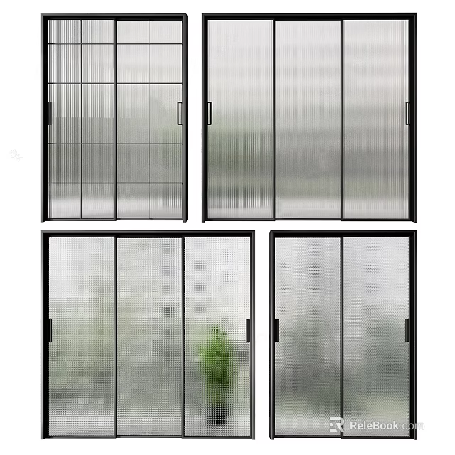 Modern Sliding Doors With Black Frames Frosted Grid And Patterned Glass Design 3d model