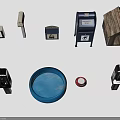 Dog Supplies Collection With Wooden House Blue Bowl Red Toy Ring And Mailbox