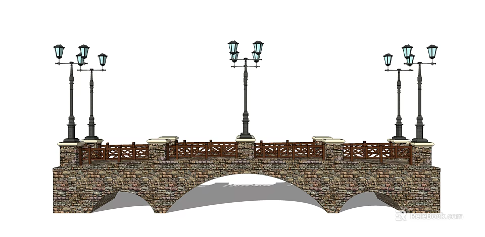 Vintage Stone Arch Landscape Bridge with Wooden Railings and Street Lamps 3d model 