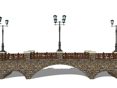 Vintage Stone Arch Landscape Bridge with Wooden Railings and Street Lamps 3d model