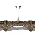 Vintage Stone Arch Landscape Bridge with Wooden Railings and Street Lamps