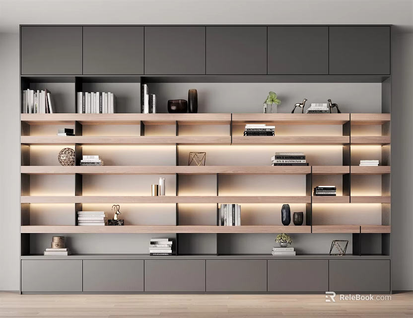 Modern Wooden Bookcase With LED Lighting And Decorative Items On Shelves 3d model 