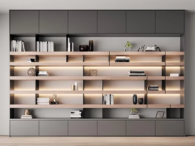 Modern Wooden Bookcase With LED Lighting And Decorative Items On Shelves 3d model