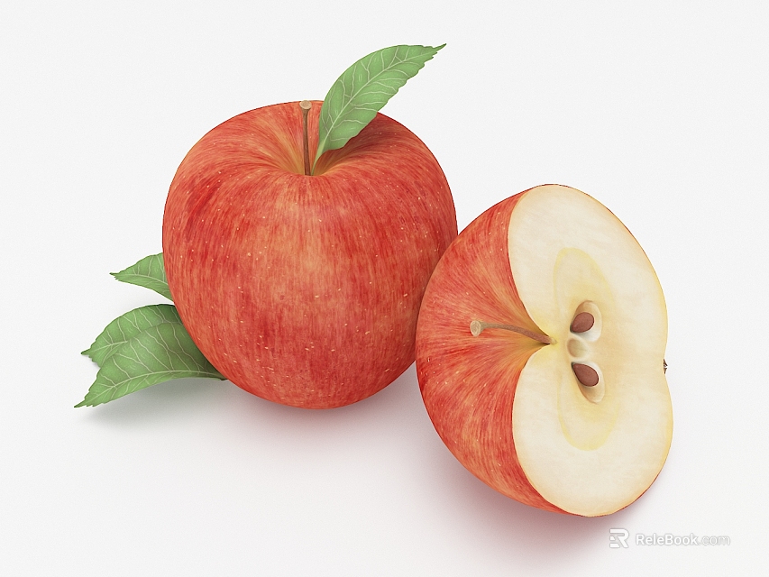 Juicy Red Apples With Whole And Sliced Pieces And Fresh Green Leaves 3d model 
