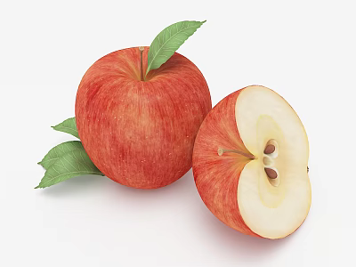 Juicy Red Apples With Whole And Sliced Pieces And Fresh Green Leaves 3d model