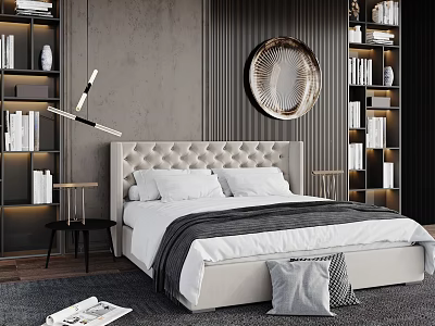 Modern Bedroom Interior Design With Tufted Headboard Round Mirror Bookshelves And Accent Pillows 3d model