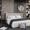 Modern Bedroom Interior Design With Tufted Headboard Round Mirror Bookshelves And Accent Pillows