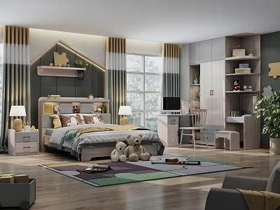 Cozy Kids Room Interior Design With Bed Stuffed Toys Colorful Rug Desk Bookshelf And Plant 3d model