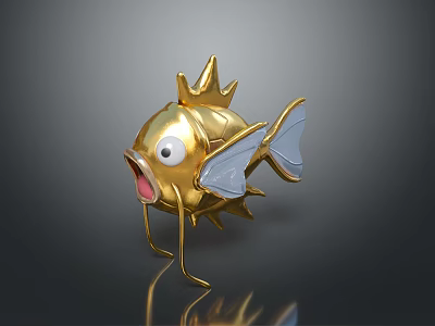 Golden Fish Figurine With Crown Like Decoration Big Eyes Open Mouth And Decorative Wings 3d model