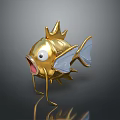 Golden Fish Figurine With Crown Like Decoration Big Eyes Open Mouth And Decorative Wings