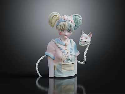 Girl with Pigtails Overalls and Stitches Holding White Cat Doll Sculpture 3d model