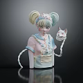 Girl with Pigtails Overalls and Stitches Holding White Cat Doll Sculpture