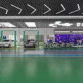 Modern Automobile Service Workshop Layout With Green Floor Multiple Vehicles And Circular Equipment