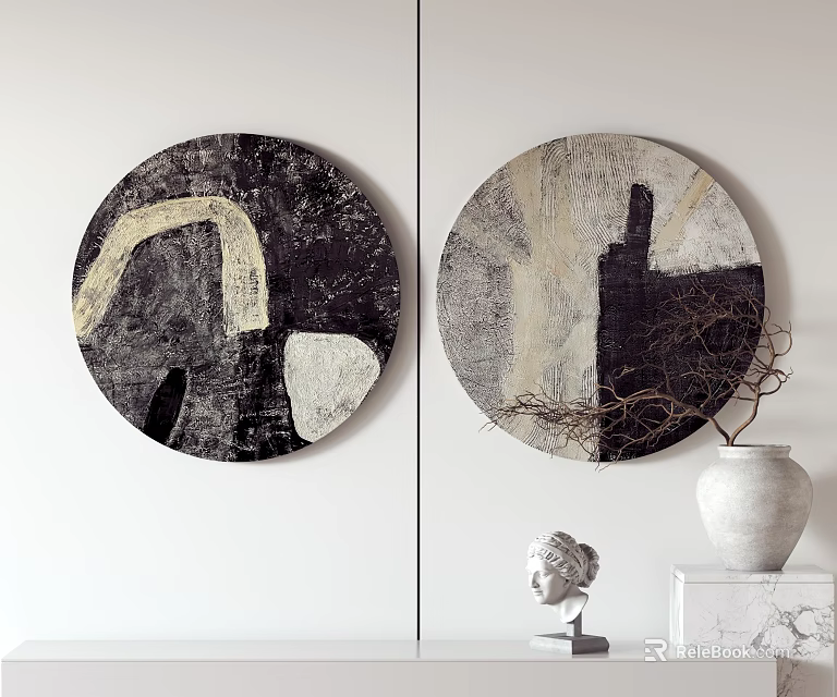 Abstract Round Framed Paintings With Black White Gray Tones And Modern Wall Decor Elements 3d model