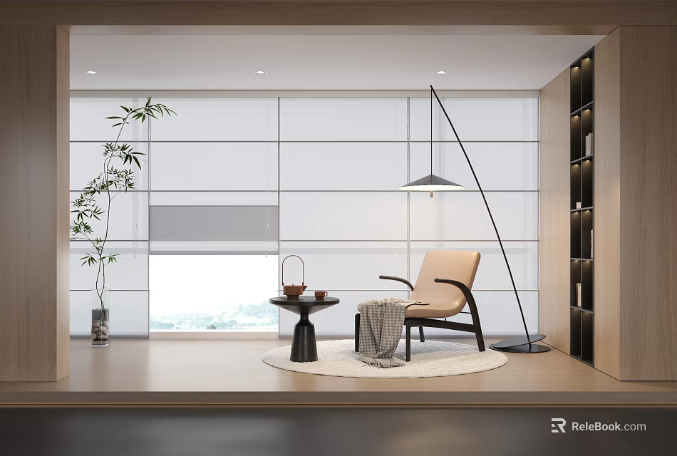White Panel Curtains in Minimalist Living Room with Armchair Floor Lamp Natural Plant and Bookshelf 3d model 