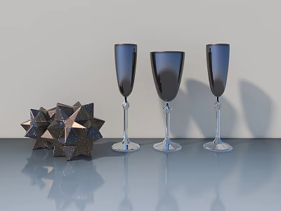 Elegant Swing Door With Glass Goblets And Star Ornaments On Smooth Gray Tabletop 3d model
