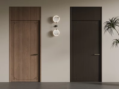 Modern Wooden Hinged Doors In Light And Dark Brown With Wall Lamps And Plant 3d model