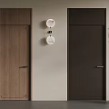 Modern Wooden Hinged Doors In Light And Dark Brown With Wall Lamps And Plant