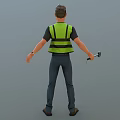 Man In Green Reflective Vest Black T-shirt Blue Jeans And Brown Shoes Holding Hammer Standing