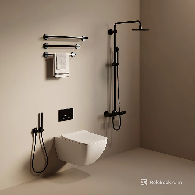 Modern Wall Mounted Toilet In Beige Bathroom With Towel Rack And Shower System 3d model 