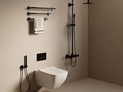 Modern Wall Mounted Toilet In Beige Bathroom With Towel Rack And Shower System 3d model