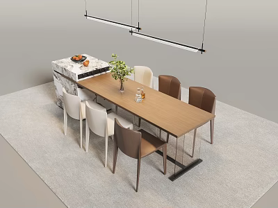 Stylish Dining Table Set Featuring Wooden Top Six Chairs Vase And Hanging Lights 3d model