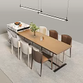 Stylish Dining Table Set Featuring Wooden Top Six Chairs Vase And Hanging Lights