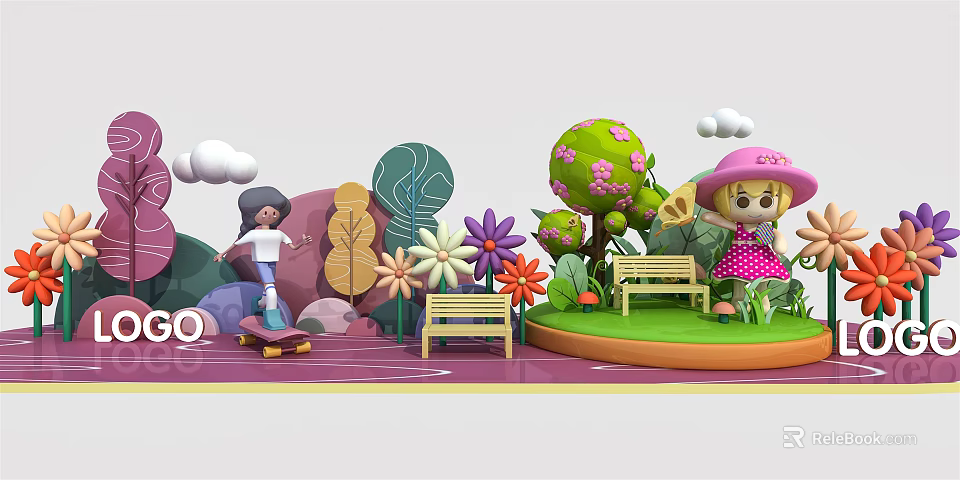 Vibrant Photo Check in Spot With Cartoon Girl Flowers Benches And Skateboard Decorations 3d model 