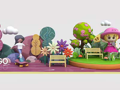 Vibrant Photo Check in Spot With Cartoon Girl Flowers Benches And Skateboard Decorations 3d model