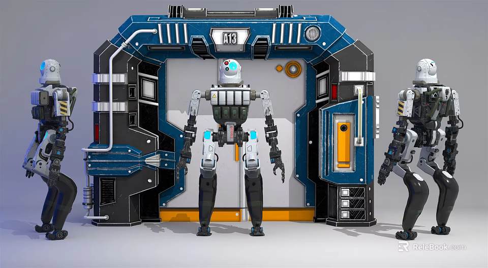 Multiple Smart Machines Robots In Blue Black Metallic Frames With A13 Control Panels 3d model 