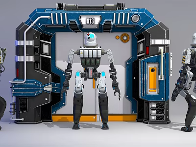 Multiple Smart Machines Robots In Blue Black Metallic Frames With A13 Control Panels 3d model