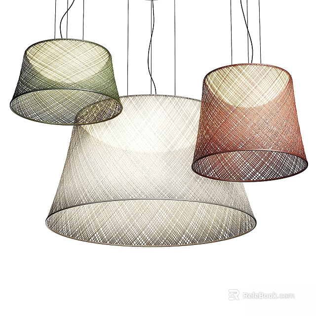 Three Hanging Pendant Lights With Grid Pattern In Green White And Brown 3d model