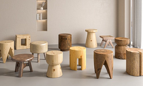 Quiet raw wood stool side a few log stool side a few 3d model