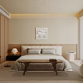 Modern Minimalist Bedroom Interior With Wooden Beige Headboard Bed Checkered Pillows And Abstract Artwork