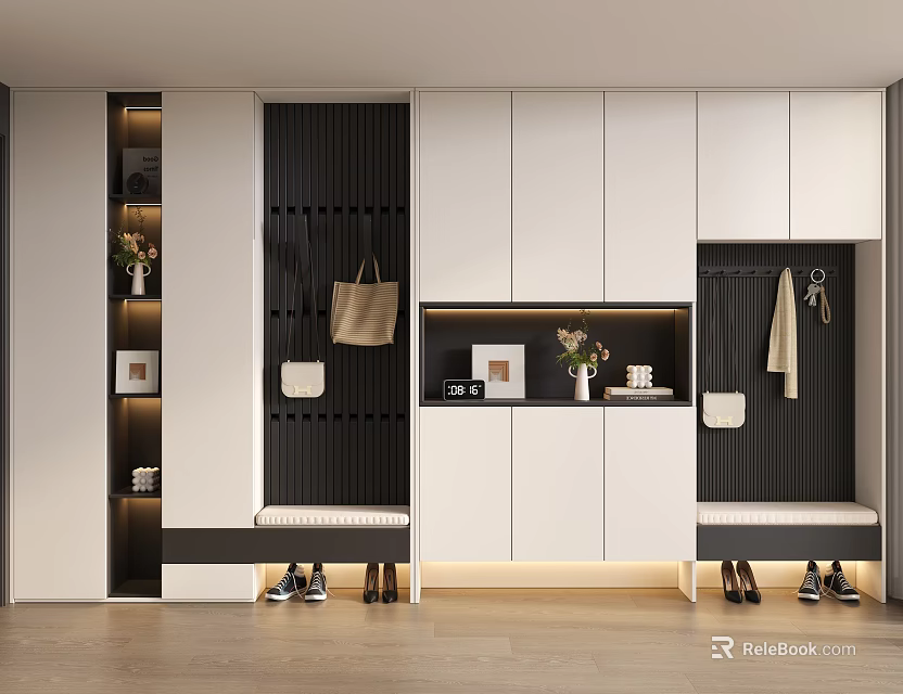 Modern Entryway Cabinet With Side Cabinet Storage Hooks Bench And Decor Items 3d model