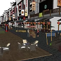 Traditional Chinese Commercial Street With Outdoor Seating Shops Pedestrians And Lanterns