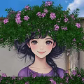 Vibrant Mural Art Featuring Girl With Purple Flowers And Green Plants Under Blue Sky