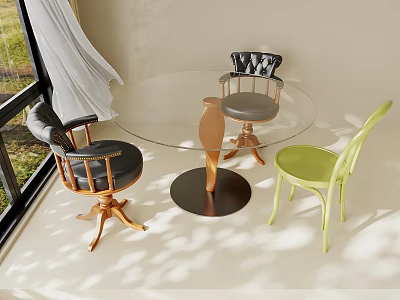 Modern Leisure Chairs in Green Black with Wooden Legs Glass Table Near Window Natural Light 3d model