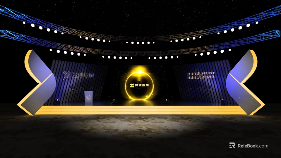 Modern Stage Design With Starry Sky Background Circular Lights Yellow Logo And Lighting Equipment 3d model 