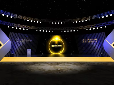 Modern Stage Design With Starry Sky Background Circular Lights Yellow Logo And Lighting Equipment 3d model
