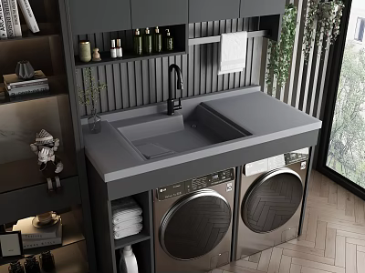 Home Balcony Laundry Area With Gray Countertop Washing Machine Dryer Sink Faucet And Plants 3d model