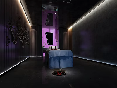 Modern SPA Sauna Interior With Dark Walls Purple Lighting And Blue Massage Bed 3d model