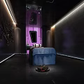 Modern SPA Sauna Interior With Dark Walls Purple Lighting And Blue Massage Bed