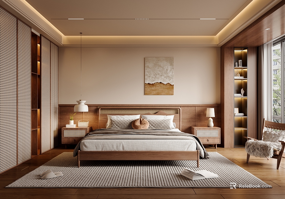 Modern Warm Bedroom With Wooden Headboard Bedside Tables Table Lamps And Rug 3d model 