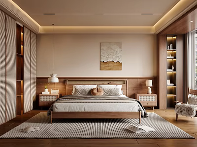 Quiet Ancient Style Home Bedroom Master Bedroom Solid Wood Double Bedside Table Solid Wood Grid Wardrobe Table Lamp Chandelier 3d model