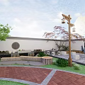 Park Landscape With Lush Trees Bamboo Stone Pathway Green Lawn Seating And Modern Building Backdrop