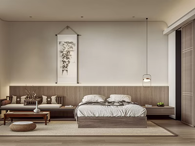 Minimalist Hotel Guest Room With Wooden Furniture Bed Wall Painting And Area Rug 3d model