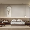 Minimalist Hotel Guest Room With Wooden Furniture Bed Wall Painting And Area Rug