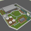 Garden Courtyard Design With Green Lawn Trees Gazebo Stone Path And Outdoor Dining Set